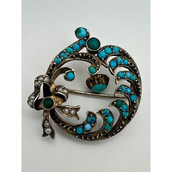 Antique Victorian 9kt gold genuine turquoise cabochons seed pearls bow brooch - Picture 4 of 12